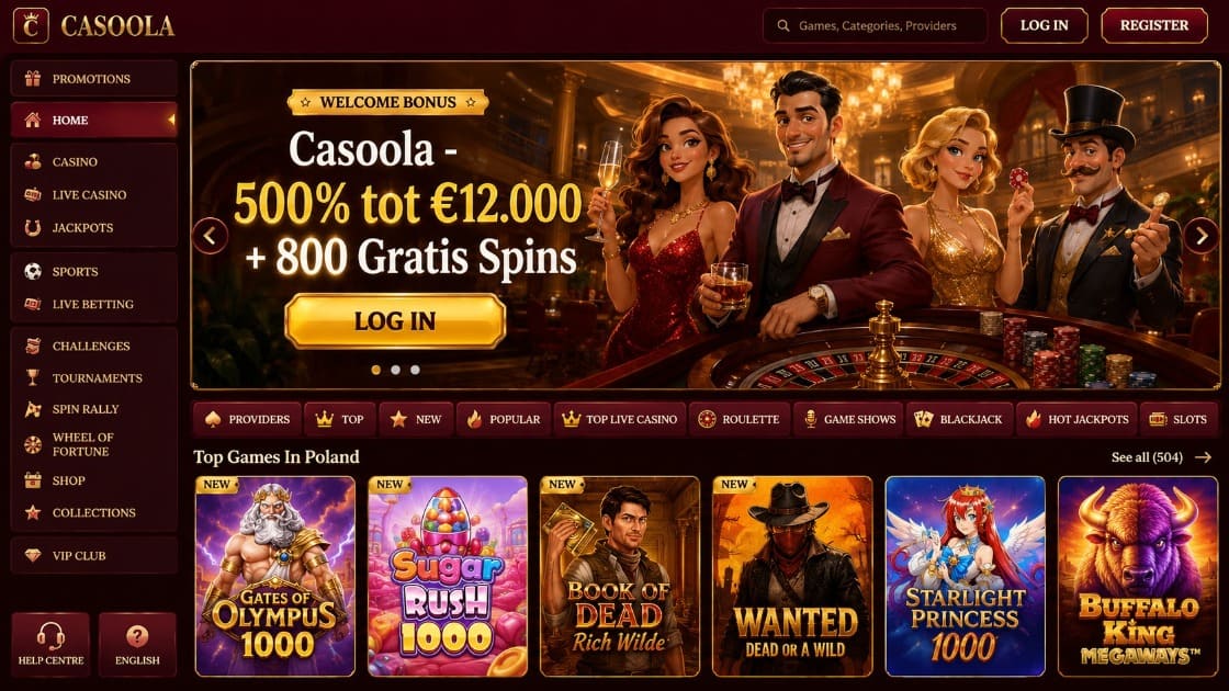 Casoola casino homepage met welkomstbonus van 500% tot €12.000 en 800 gratis spins, live casino menu en populaire online slots