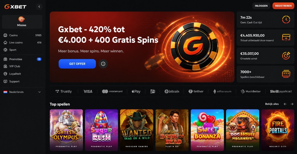 Gxbet casino met 420% bonus tot €4.000 en 400 gratis spins, betaalmethoden en populaire slots zoals Gates of Olympus en Sweet Bonanza