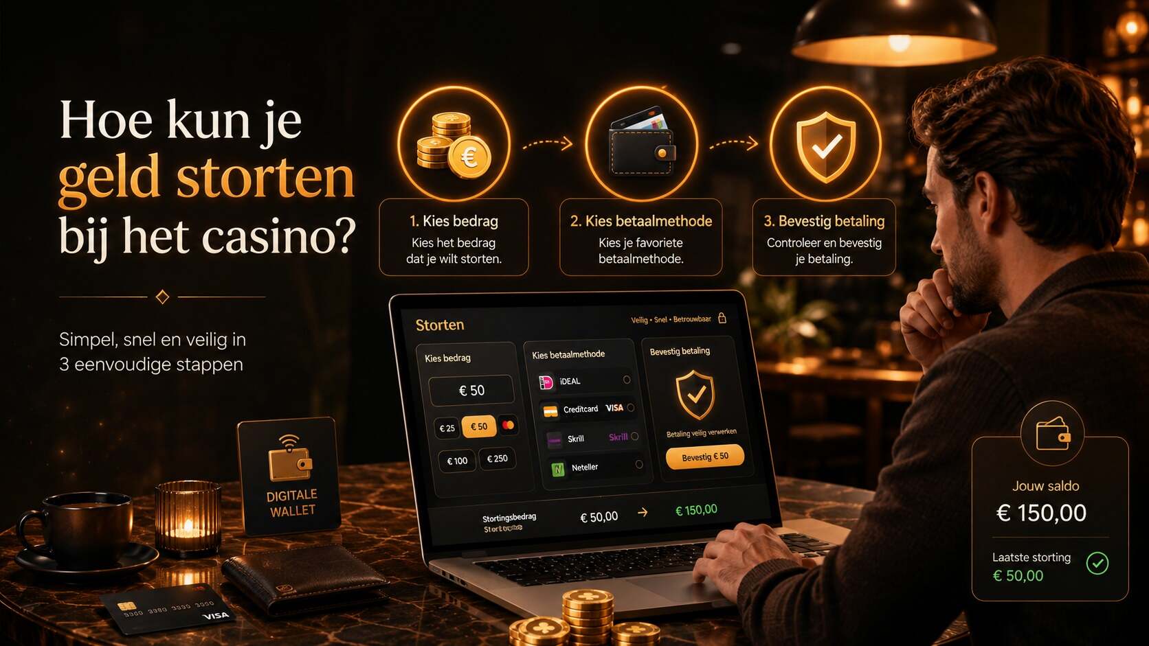 Hoe kun je geld storten bij het casino met iDEAL, creditcard en digitale wallet in drie stappen